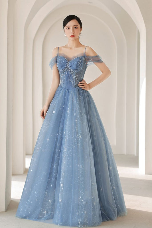 BLUE SWEETHEART NECK TULLE BEADS LONG PROM DRESS BLUE EVENING DRESS    cg20833