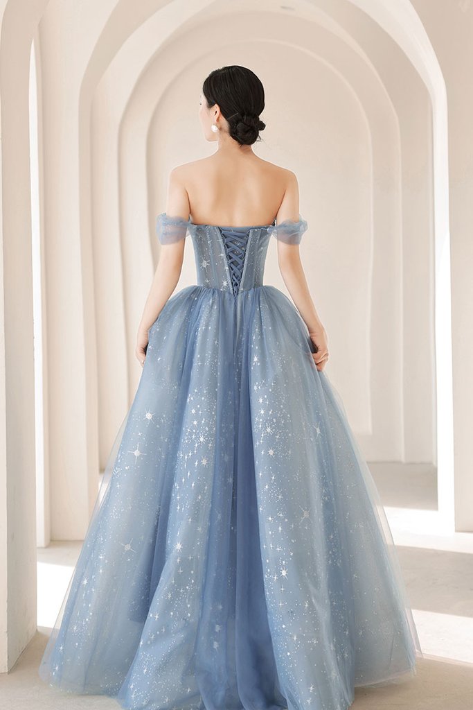 BLUE SWEETHEART NECK TULLE BEADS LONG PROM DRESS BLUE EVENING DRESS    cg20833