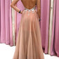 Cap Sleeves V Neck Open Back Champagne Lace Long Prom Dress    cg20840