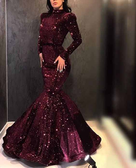 burgundy sequin Long Prom Dress    cg20841