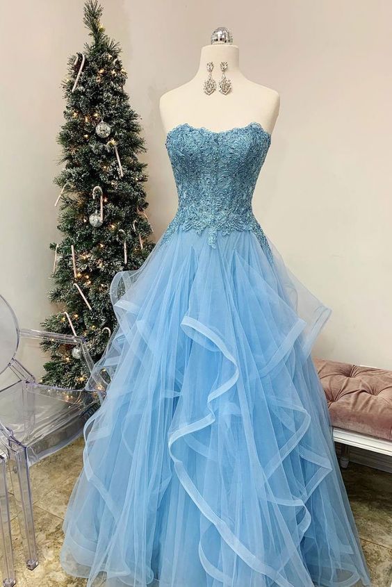 Blue Sweetheart Applique Bodice Ruffles Prom Dress Blue Tulle Formal Dress    cg20863