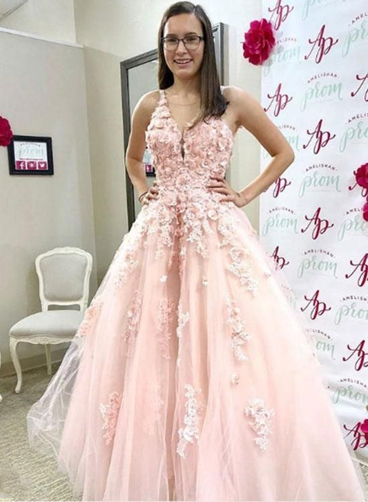 Pink Lace Tulle V Neck 3D Followers Prom Dresses Appliques Spaghetti Straps Evening Dresses    cg20865