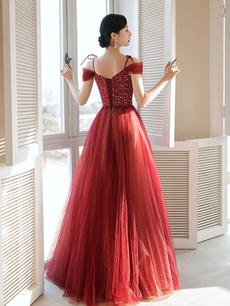 elegant A-line burgundy tulle long prom dress with spaghetti straps and off the shoulder neckline    cg20866