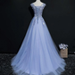 Blue Tulle V-Neck Lace Flowers A-Line Prom Dress, Blue Formal Dress Evening Dress    cg20881