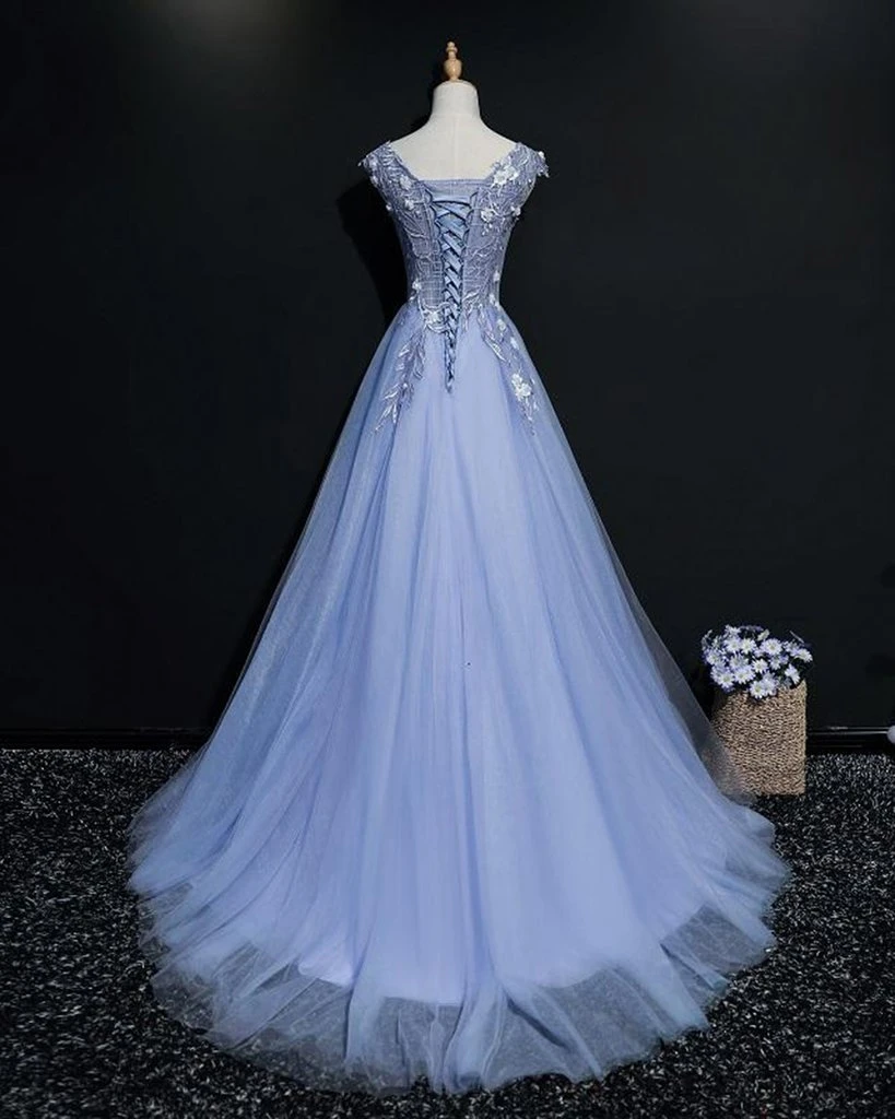 Blue Tulle V-Neck Lace Flowers A-Line Prom Dress, Blue Formal Dress Evening Dress    cg20881