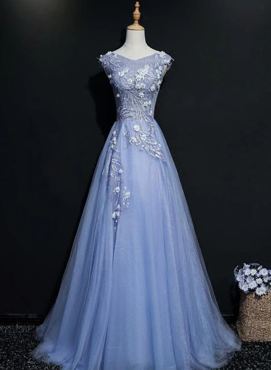 Blue Tulle V-Neck Lace Flowers A-Line Prom Dress, Blue Formal Dress Evening Dress    cg20881