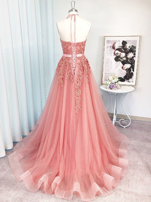 2021 A-Line Tulle Halter Long Pink Prom Dresses     cg20886