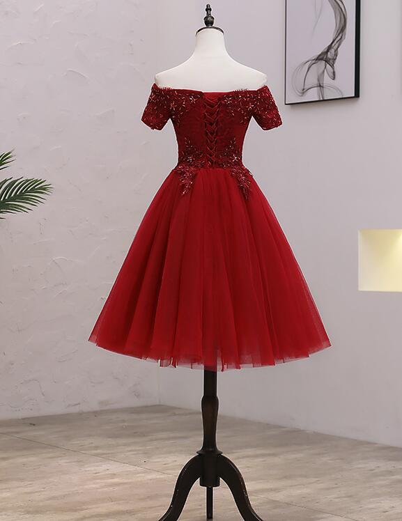 Tulle Dark Red Off The Shoulder Knee Length Homecoming Dress, Red Party Dress cg2089