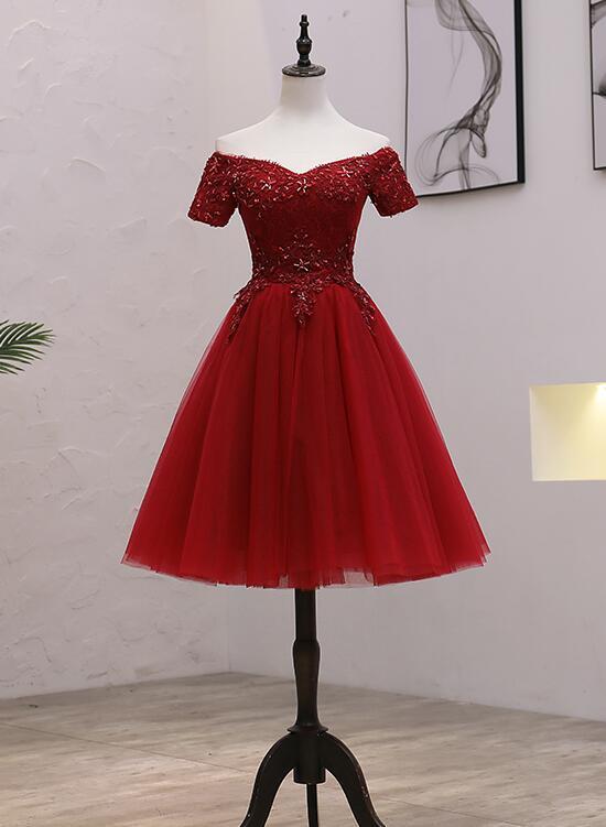 Tulle Dark Red Off The Shoulder Knee Length Homecoming Dress, Red Party Dress cg2089