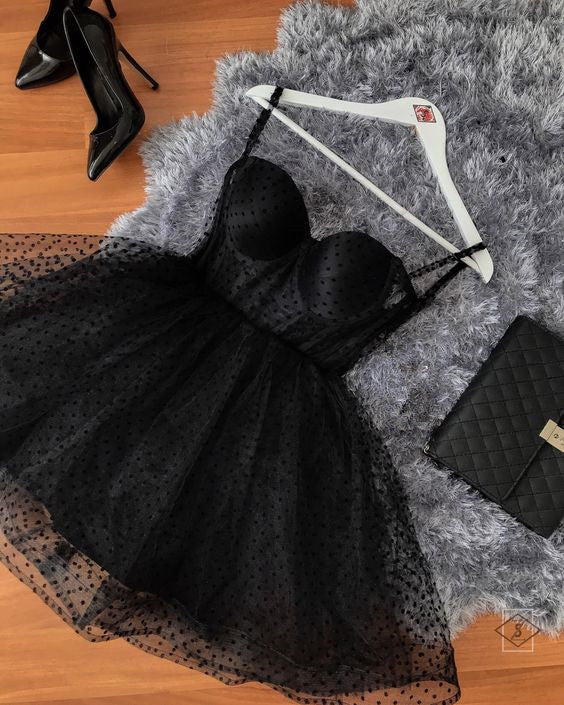 Black polka dot Tulle strapless corset short dress Homecoming Dress    cg20894