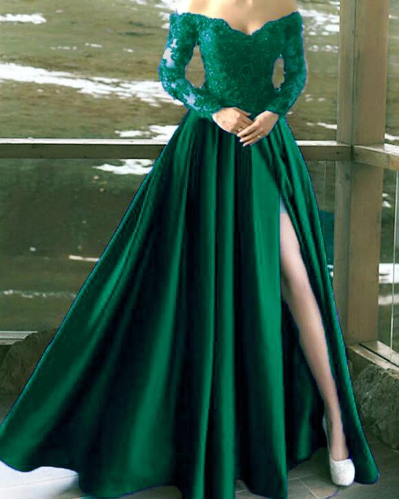 Long Sleeves Off The Shoulder Satin Lace Split Formal prom Dress Evening Gown    cg20906
