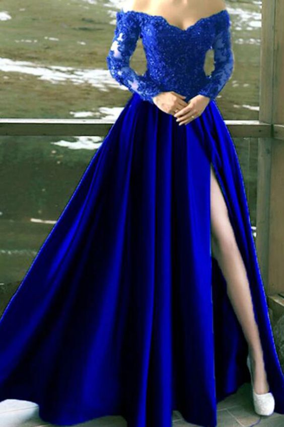 Long Sleeves Off The Shoulder Satin Lace Split Formal prom Dress Evening Gown    cg20906