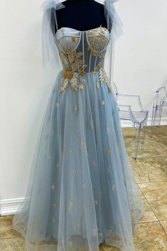 A-line blue and gold appliqed long formal dress prom dress    cg20909