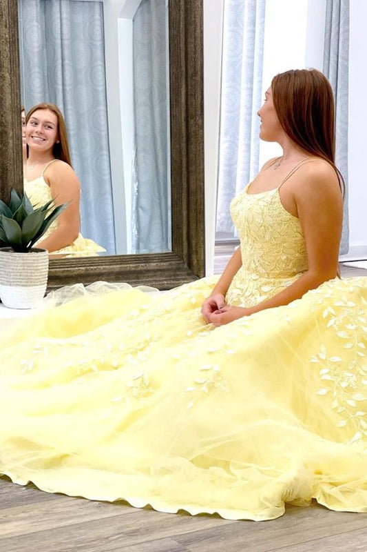 princess A-line yellow lace appliques long prom dress ball gown     cg20911