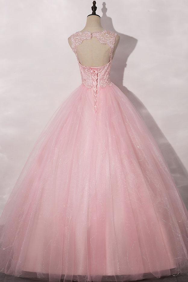 Pink round neck tulle lace long prom dress pink tulle formal dress    cg20960