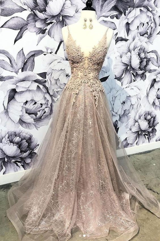 Champagne v neck tulle lace long prom dress, champagne tulle evening dress cg2097