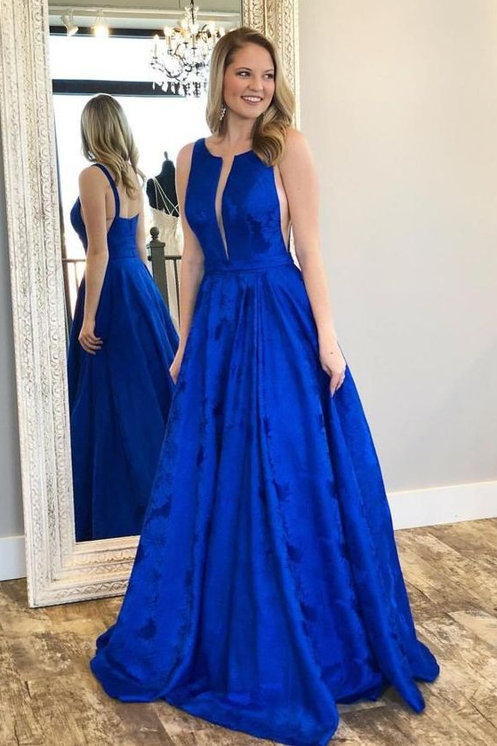 Charming A-Line Crew Floor-Length Royal Blue Printed Satin Prom Dresses    cg20983