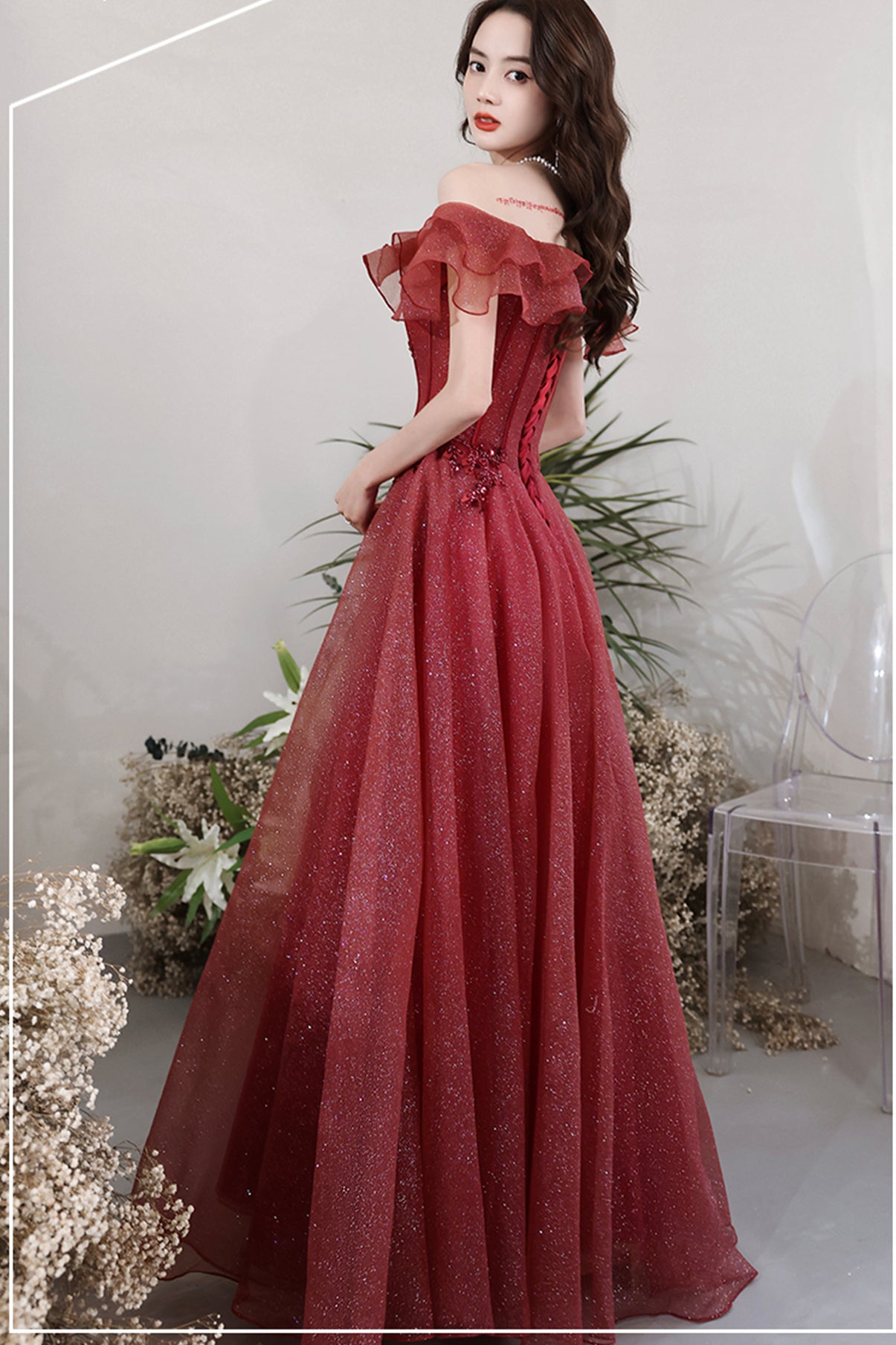 BURGUNDY TULLE LONG A LINE PROM DRESS EVENING DRESS    cg20986