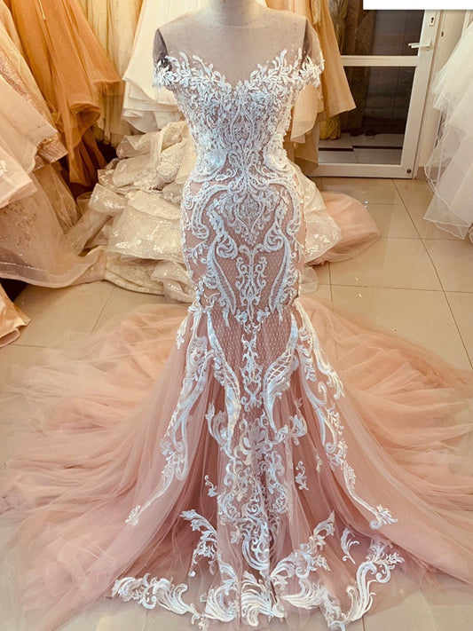 pink lace applique cap or long sleeves fishtail/mermaid wedding dress with train, Prom Gown    cg20990