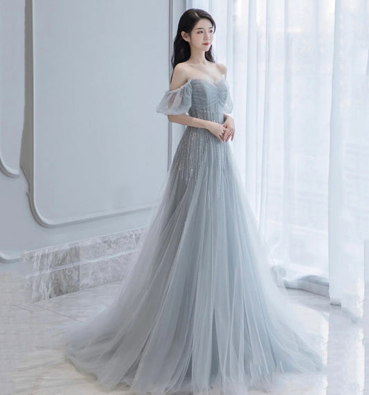 GRAY TULLE BEADS LONG A LINE PROM DRESS EVENING DRESS    cg21010