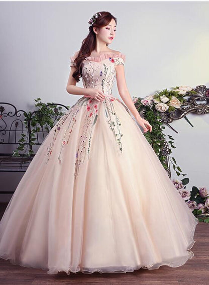 Charming Pink Off Shoulder Ball Gown Formal Dress, Lace Applique Party Dress prom dress evening dress    cg21032