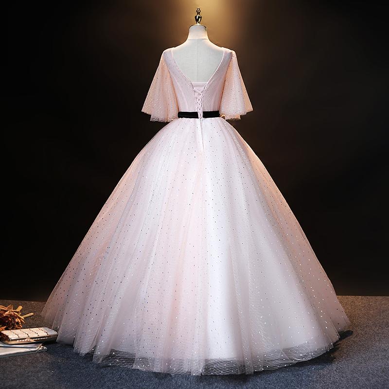 Lovely Pink Short Sleeves Tulle Ball Gown Shiny Sweet 16 Dress prom dress evening dress    cg21034