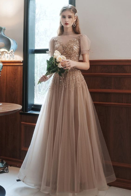 Prom Dress A-line champagne tulle long princess formal dress with short sleeves    cg21045