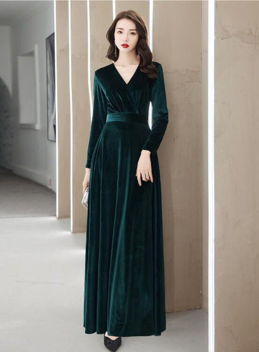 Elegant Velvet Long Sleeves V-Neckline Prom Dress. Velvet Bridesmaid Dress Party Dress    cg21074