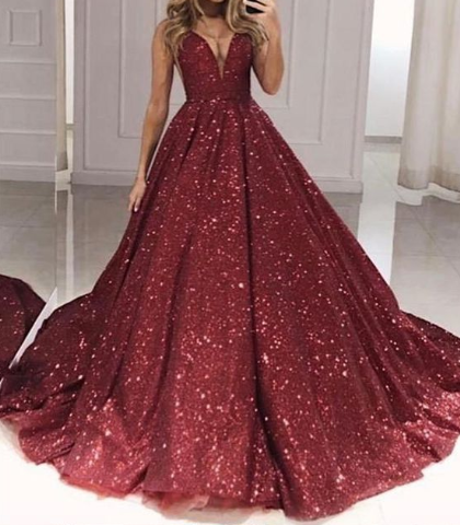 Burgundy Sequins Plunge V-neck Ball Gowns Prom Dresses cg2108