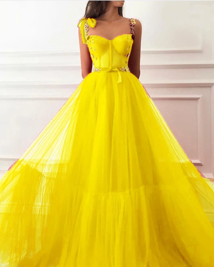 Ball Gown Scoop Floor-length Sleeveless Tulle Yellow Prom Dress/Evening Dress     cg21086