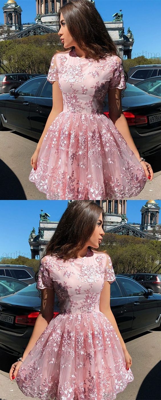 Cute A Line Round Neck Cap Sleeves Pink Lace Short Homecoming Dresses cg211