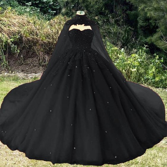 Vintage black wedding dress ball gown for gothic weddings with cape prom dress, evening dress    cg21102