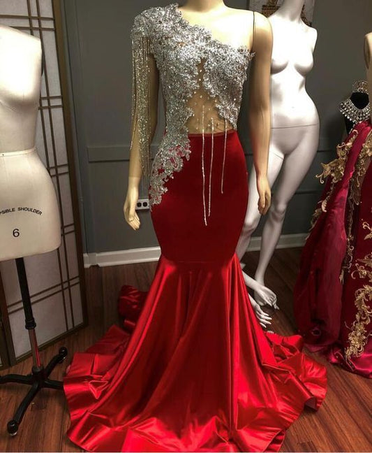 Luxury Red Satin Evening Dresses With Crystal Beaded One Shoulder Mermaid prom dress    cg21146