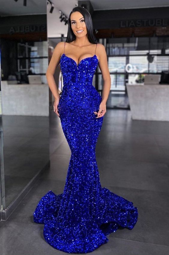 Sweetheart Mermaid Style Royal Blue Sequins Velvet Long Dresses Formal Evening Gown  prom dress    cg21161
