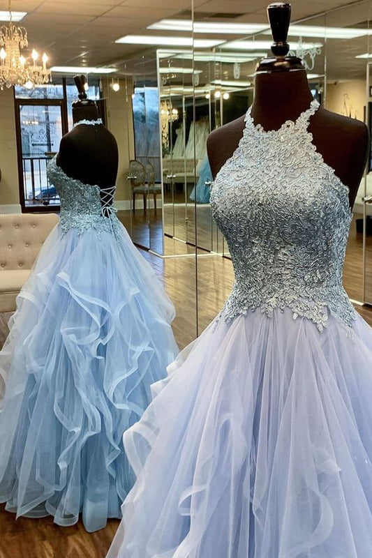 Elegant A-Line Halter Appliques Light Blue Prom Dress    cg21171