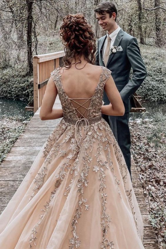 formal dress with cap sleeves, lace appliques, floor length and lace up back, beaded sash prom Dress    cg21175