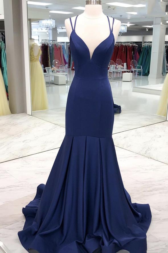 Blue satin long prom dress mermaid evening dress    cg21177