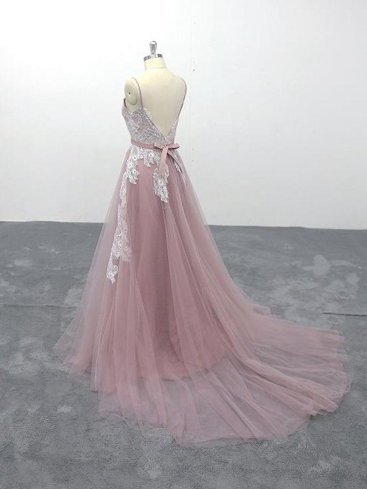 Pink Tulle V-Neck Spaghetti Straps Bridal Gown Prom Dress    cg21181