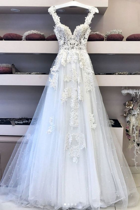 White v neck lace tulle long wedding dress, lace prom dress    cg21190