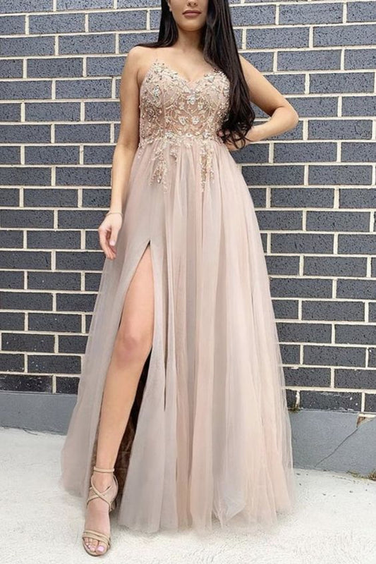 Beautiful Tulle Prom Dresses Floor Length Evening Gown Embroidery Beaded V Neck Spaghetti Straps With Leg Split    cg21202