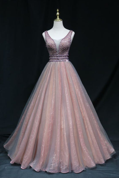 brown A-line tulle long formal dress features plunge neck with mesh insert Prom Dress,   cg21208