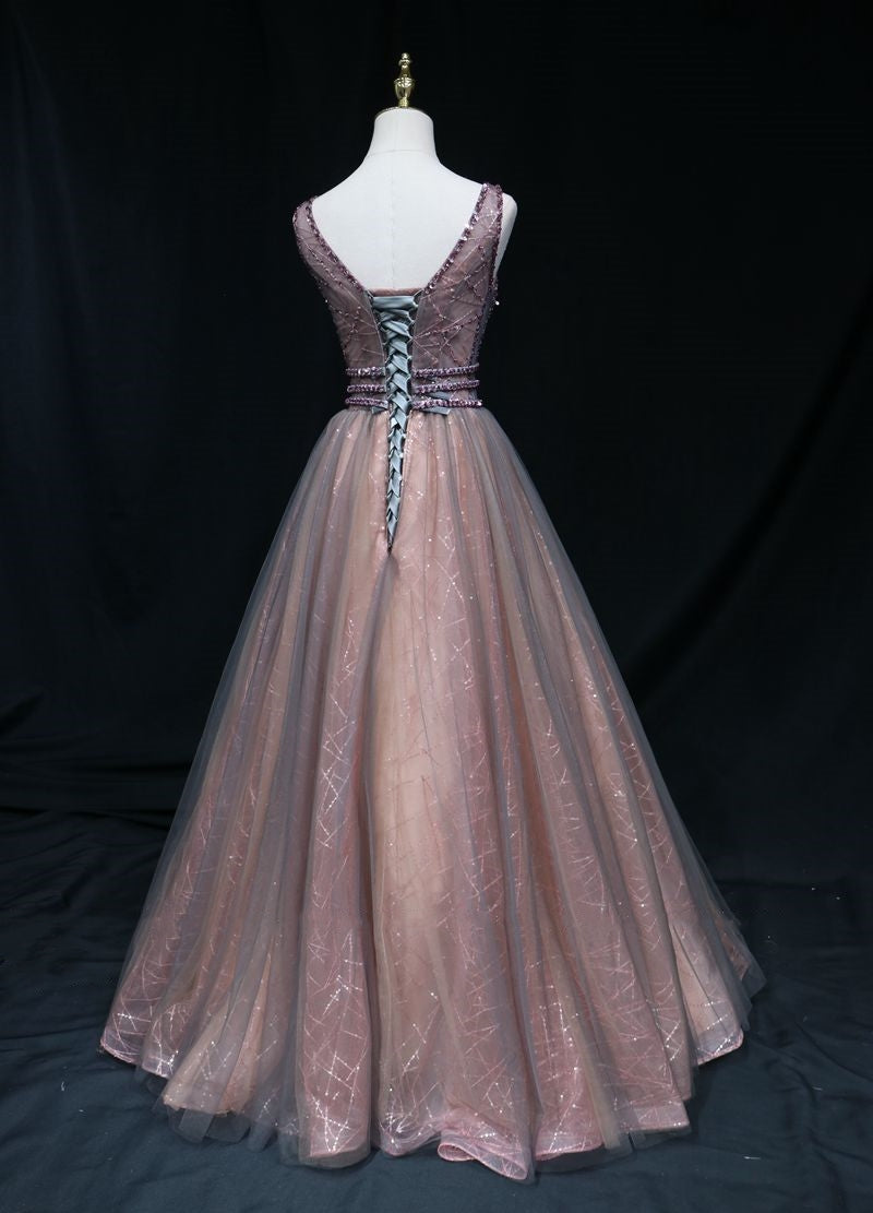 brown A-line tulle long formal dress features plunge neck with mesh insert Prom Dress,   cg21208