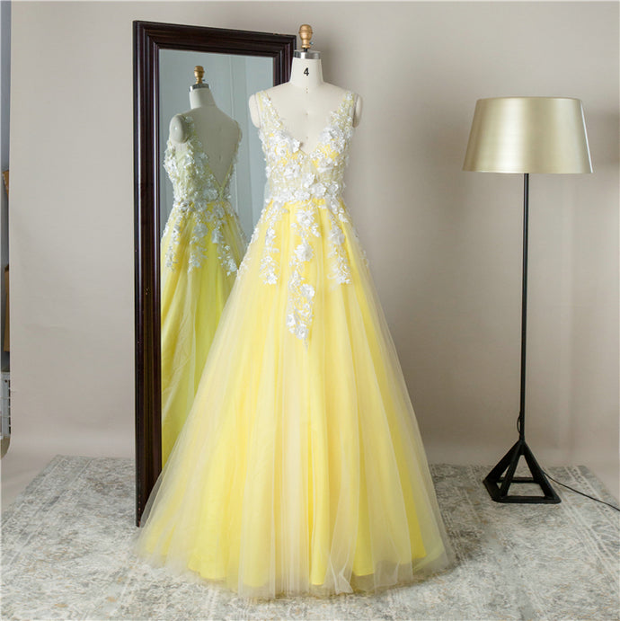 V neck tulle white apliques sexy yellow gown prom dress for lady women    cg21212