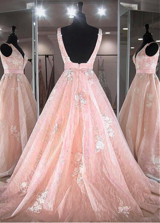 Elegant Tulle V-neck Neckline Floor-length A-line Prom Dresses With Lace Appliques & Belt    cg21246