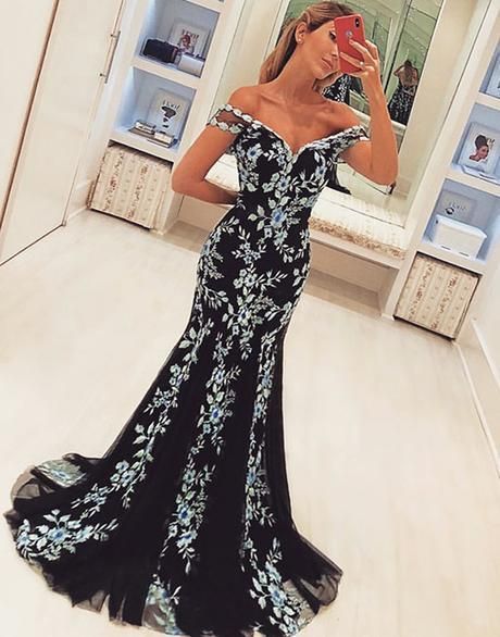 Black Lace Off Shoulder Long Prom Dress, Charming Elegant Mermaid Evening Dress    cg21247