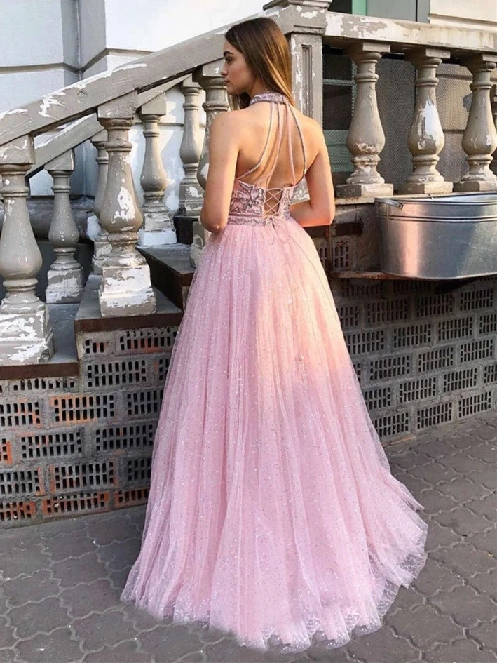 Halter Shining Tulle Prom Dresses A-line Appliqued Gowns    cg21248