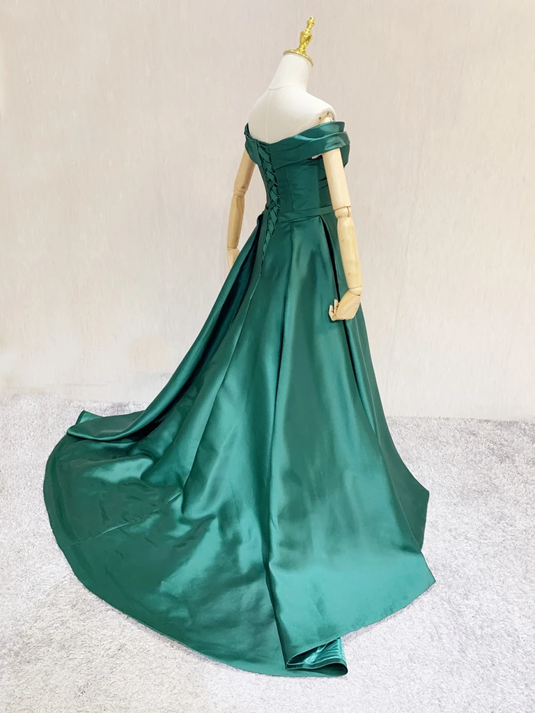 Dark Green A-Line Sweetheart Off Shoulder Satin Junior Prom Dress, Green Wedding Party Dress   cg21264