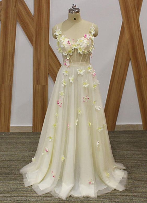 Ivory Tulle Spaghetti Straps Long 3D Lace Applique Senior Prom Dress, Evening Dress,     cg21269