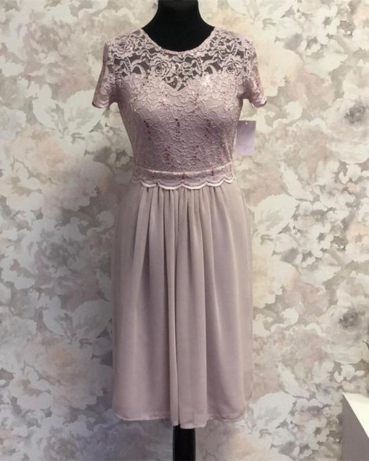 Lace Cap Sleeves Bridesmaid Dresses Knee Length Chiffon Prom Dress     cg21302