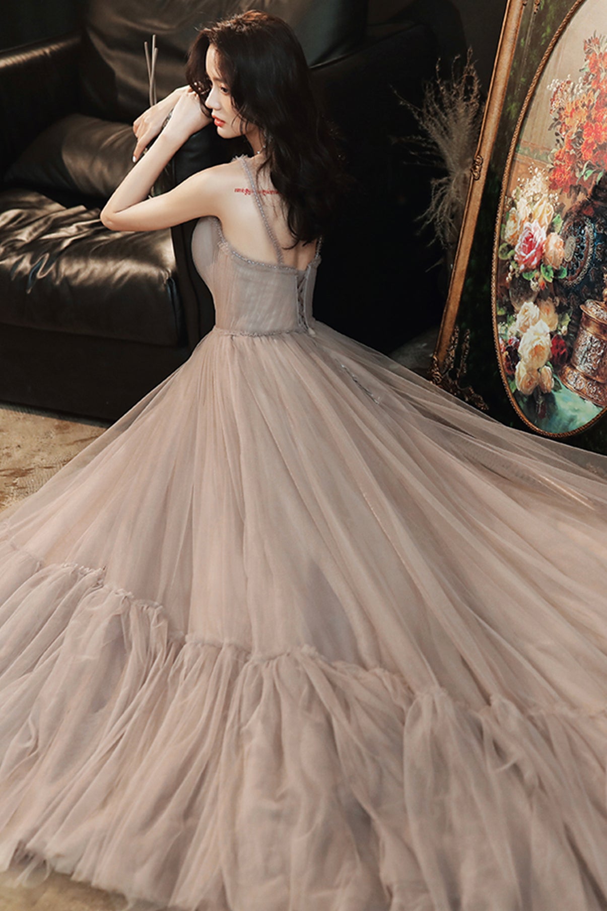 STYLISH V NECK TULLE LONG A LINE PROM DRESS EVENING DRESS    cg21311